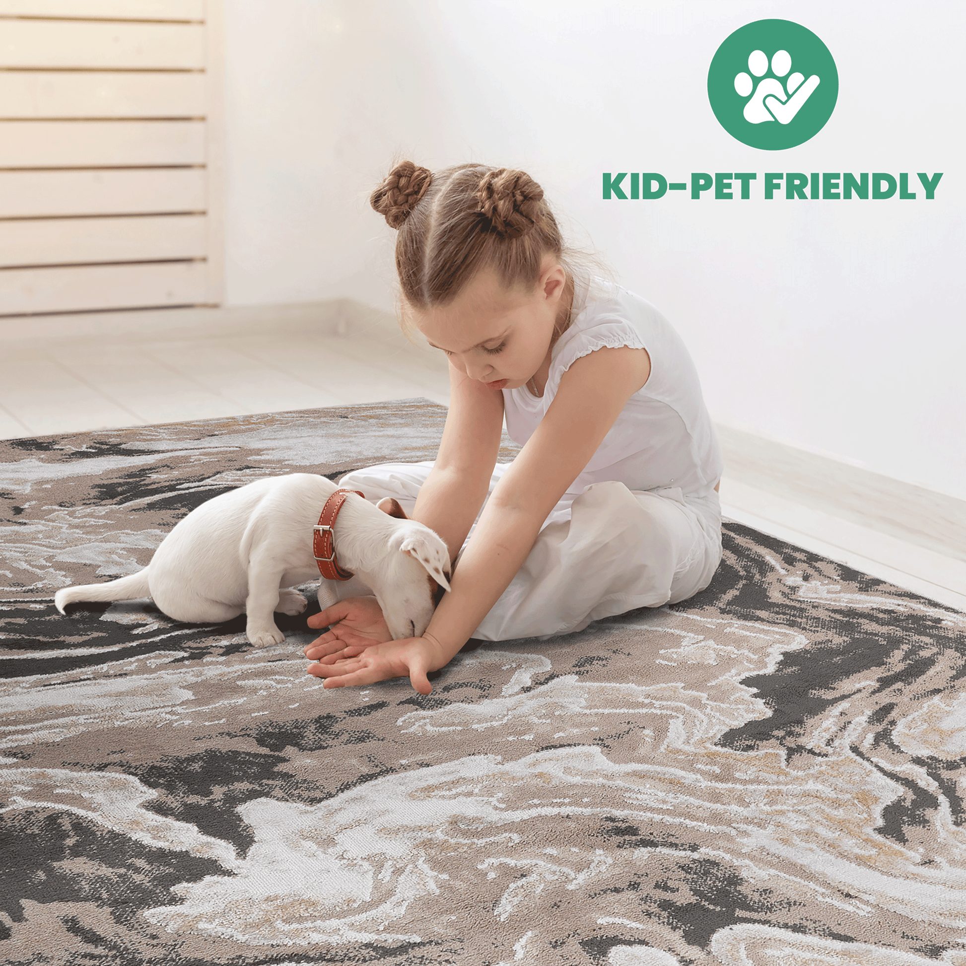 Abstract area rug with light brown, beige, and dark gray swirling pattern