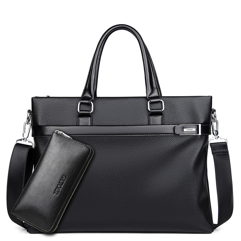 Men's soft leather briefcase, large black with front zip pocket and matching card holder