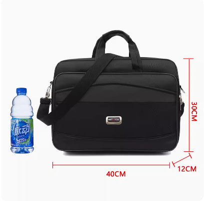 Black laptop bag shown with size measurements 40cm x 30cm x 12cm and side pocket