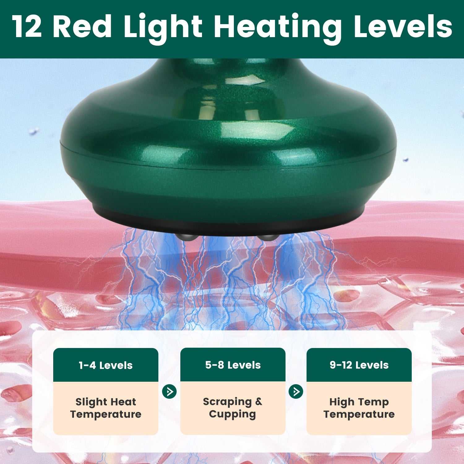 Green vacuum massager head close-up with domed suction surface and vents
