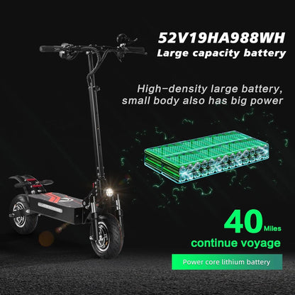 Electric scooter with glowing battery pack and long-range power graphic