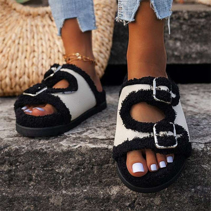 Autumn Winter Buckle Lamb Wool Slippers – Women’s Thick Sole Autumn Winter Slipper Thick Sole Buckle | Ectron Online