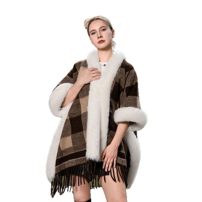 New Plus Size Cloak Hooded Fleece-lined Thickened Fur Shawl Loose Versatile Coat