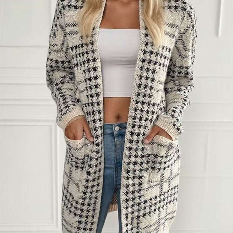 Women's Houndstooth Knitted Long Knitted Jacket