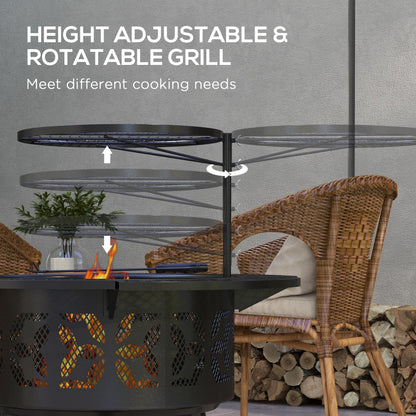 Black height-adjustable, rotatable grill with circular mesh lid over fire bowl