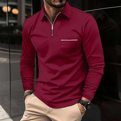 Long-sleeve sports polo shirt, burgundy quarter-zip with chest pocket