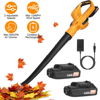 Orange and black cordless handheld leaf blower with battery, charger, and two tubes