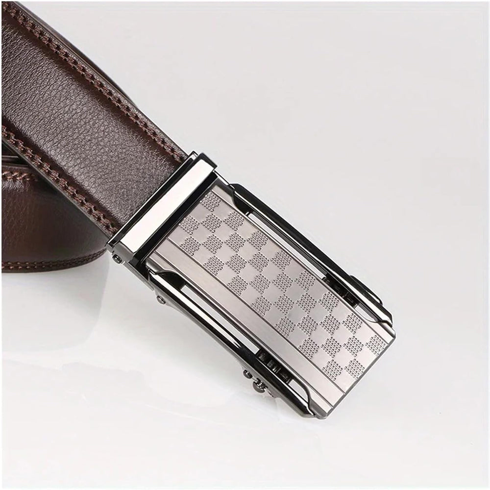 Brown leather belt with silver-toned anti-scratch buckle, angled top view