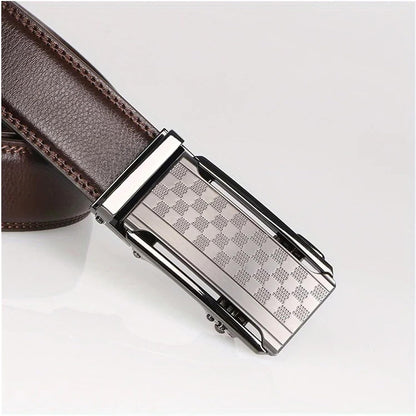 Brown leather belt with silver-toned anti-scratch buckle, angled top view
