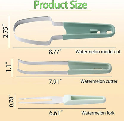 Three watermelon tools shown with mint-green handles and stainless blades for cutting