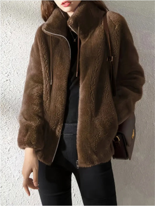 Dark brown teddy zip-up coat with drawstring hood, front zip and side pockets
