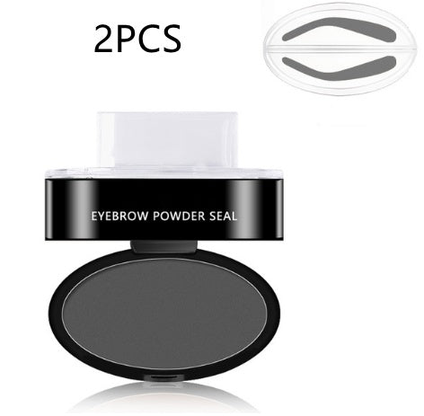Eyebrow powder seal compact with dark gray powder and 2 eyebrow stamp inserts