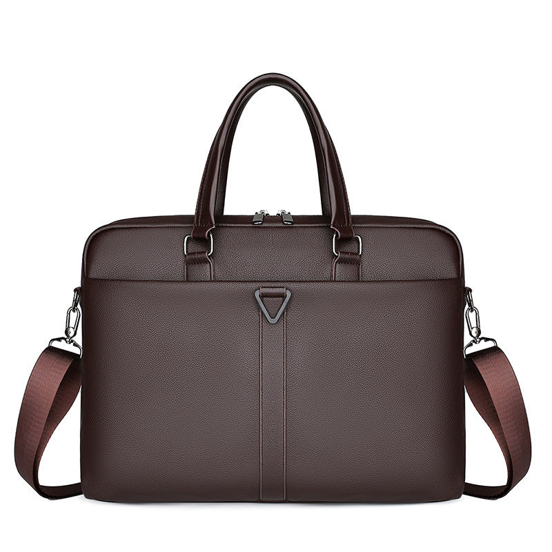 Brown PU briefcase with dual top handles, front emblem, and shoulder strap