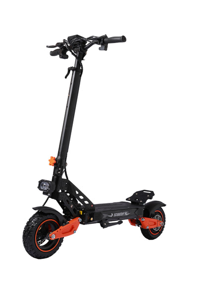Full electric scooter side view with black frame and orange wheel rims on a white background
