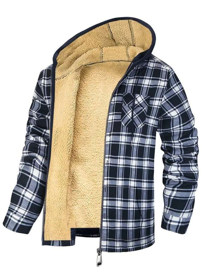 Men's Plaid Hooded Zip-Up Jacket | Thickened Winter Coat


