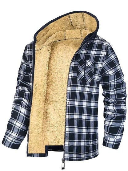 Men's Plaid Hooded Zip-Up Jacket | Thickened Winter Coat

