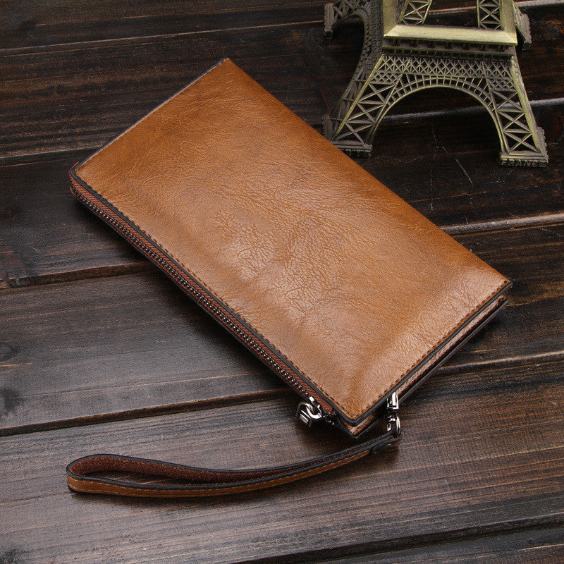 Khaki leather long wallet with zipper and wrist strap, stitched trim