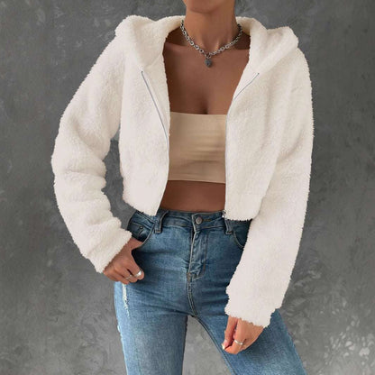 Women's Casual Short Fleece Hooded Jacket