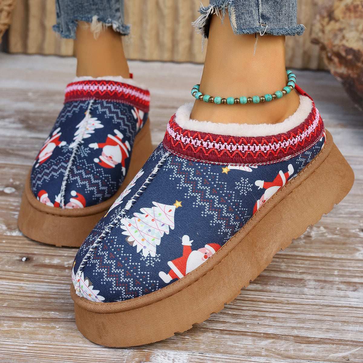 Women's Christmas Ankle Boots – Plush Lined Slip-On Winter Shoes Women's Cartoon Christmas Print Ankle Bo | Ectron Online