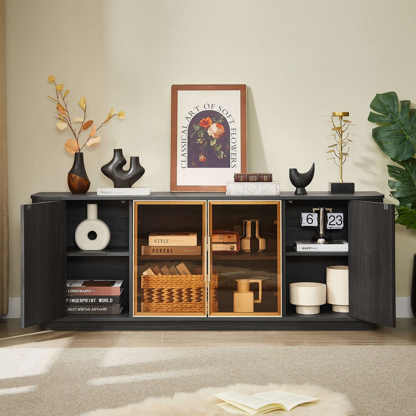 Black TV cabinet with two open tempered-glass doors and LED-lit shelves