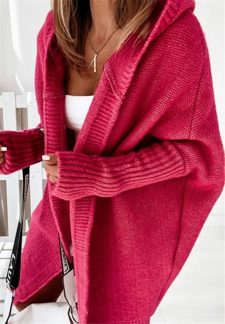 Fuchsia oversized hooded cardigan sweater with batwing sleeves and textured rib knit