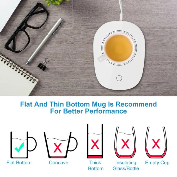 White electric cup heater base with circular heating opening and round power button.