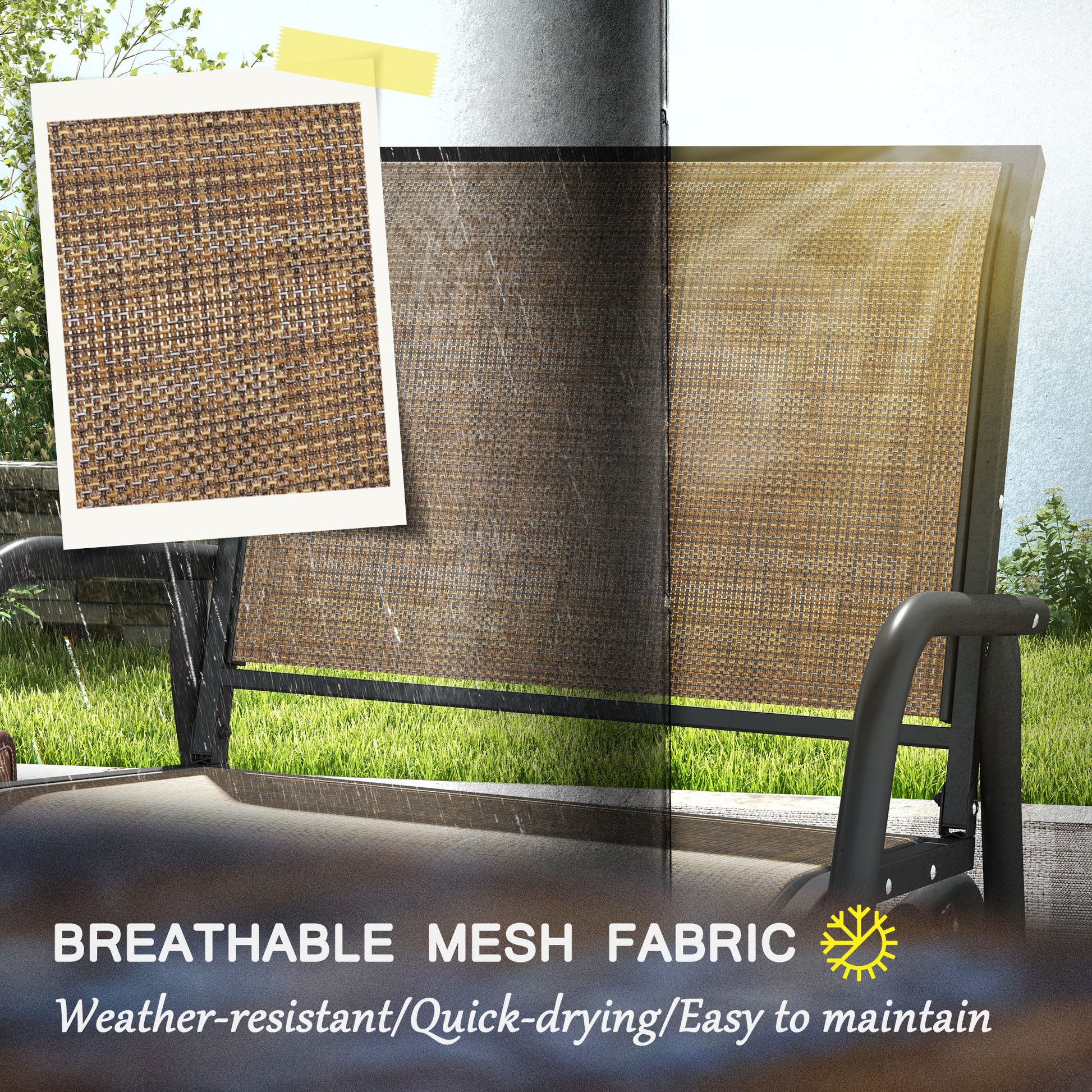 Outdoor steel glider chair with breathable tan mesh fabric on black frame