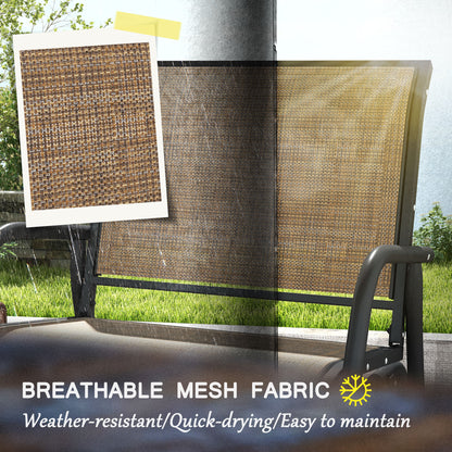 Outdoor steel glider chair with breathable tan mesh fabric on black frame