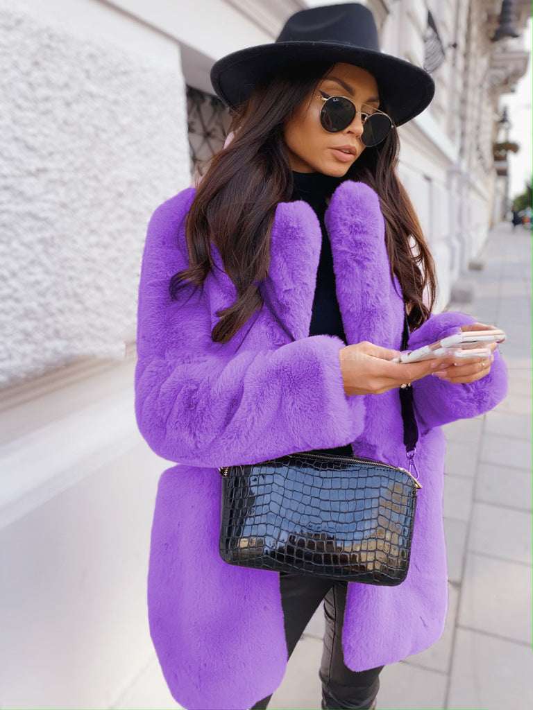 Elegant Long Sleeve Faux Fur Coat for Women Temperament Long Sleeve Lapel Faux Fur C | Ectron Online