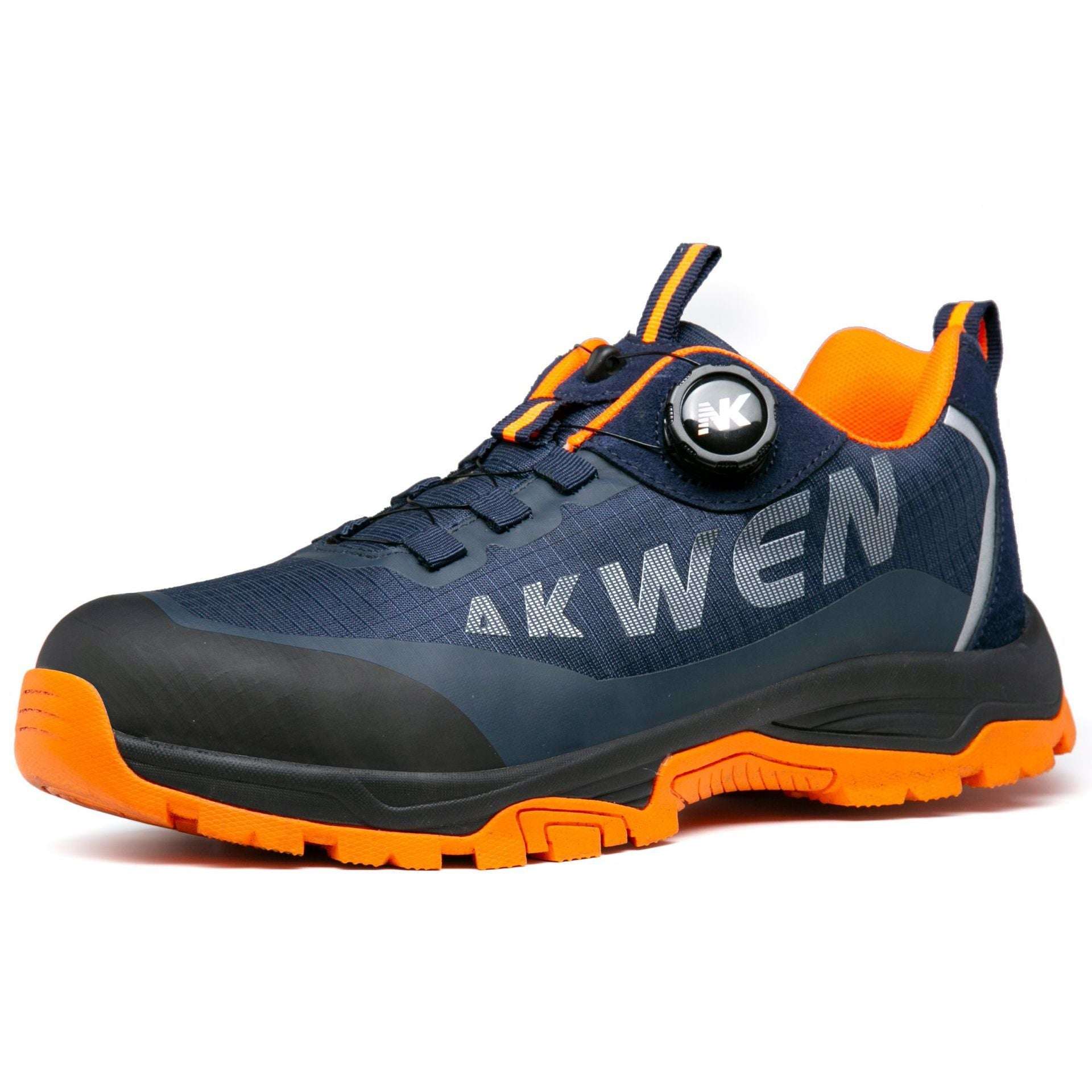 Blue and black steel-toe safety sneaker with orange outsole and lace-up closure.