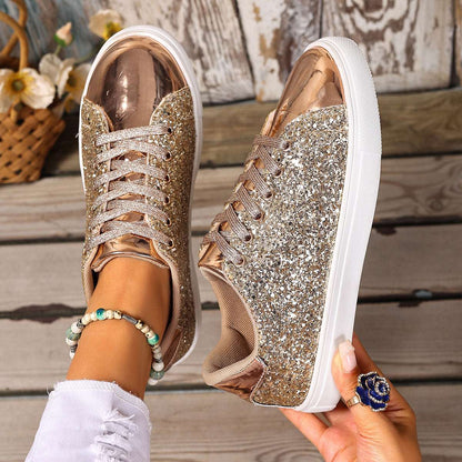 Bronze gold sequin lace-up board shoes with white rubber sole, low profile.