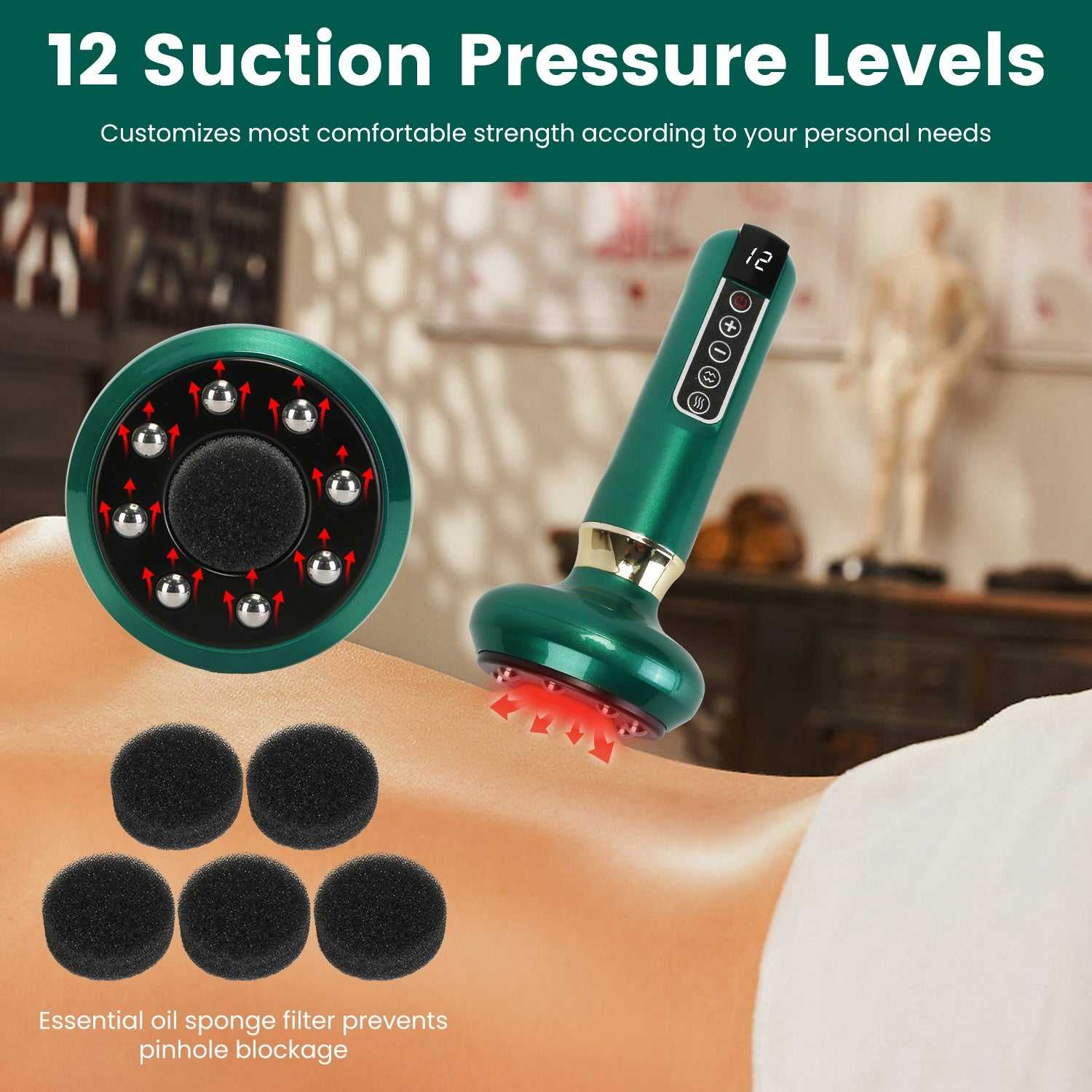 Green vacuum massager applying suction pressure to skin with roller-ball head
