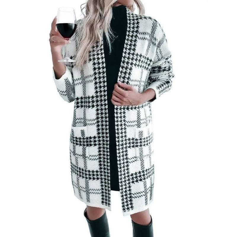 Women's Houndstooth Knitted Long Jacket - Elegant Coat Women's Houndstooth Knitted Long Knitted | Ectron Online