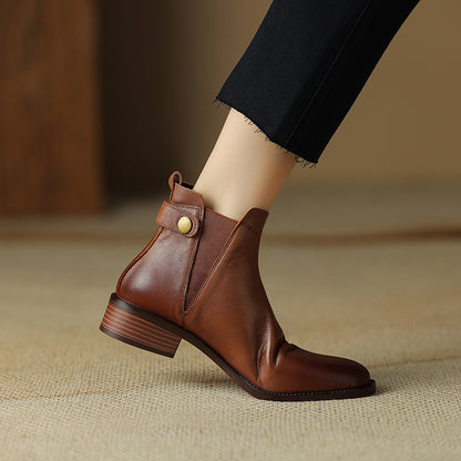 Soft Leather And Velvet Ankle Boots Flat Ankle Boots Mid Heel Round Head Chelsea