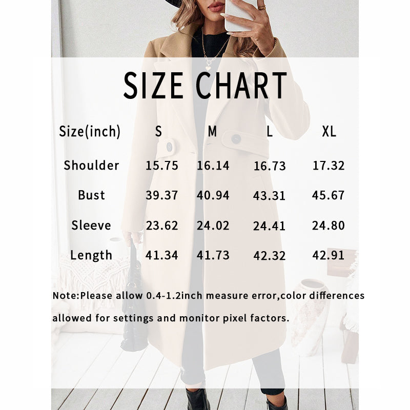 Size chart for a coat with measurements in inches, displayed over an image of a person wearing the coat.