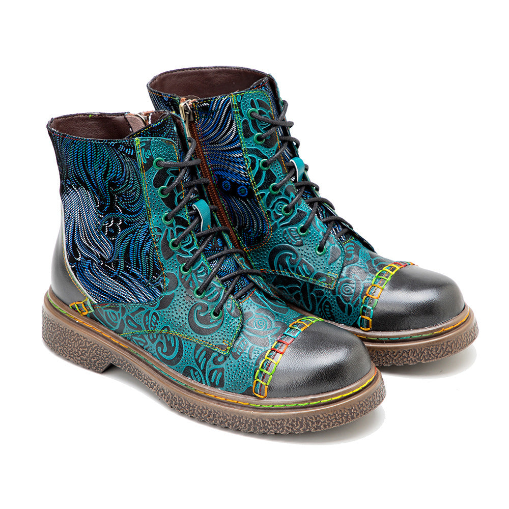 New Leather Hand Painted Printed Comfortable Flat Boots