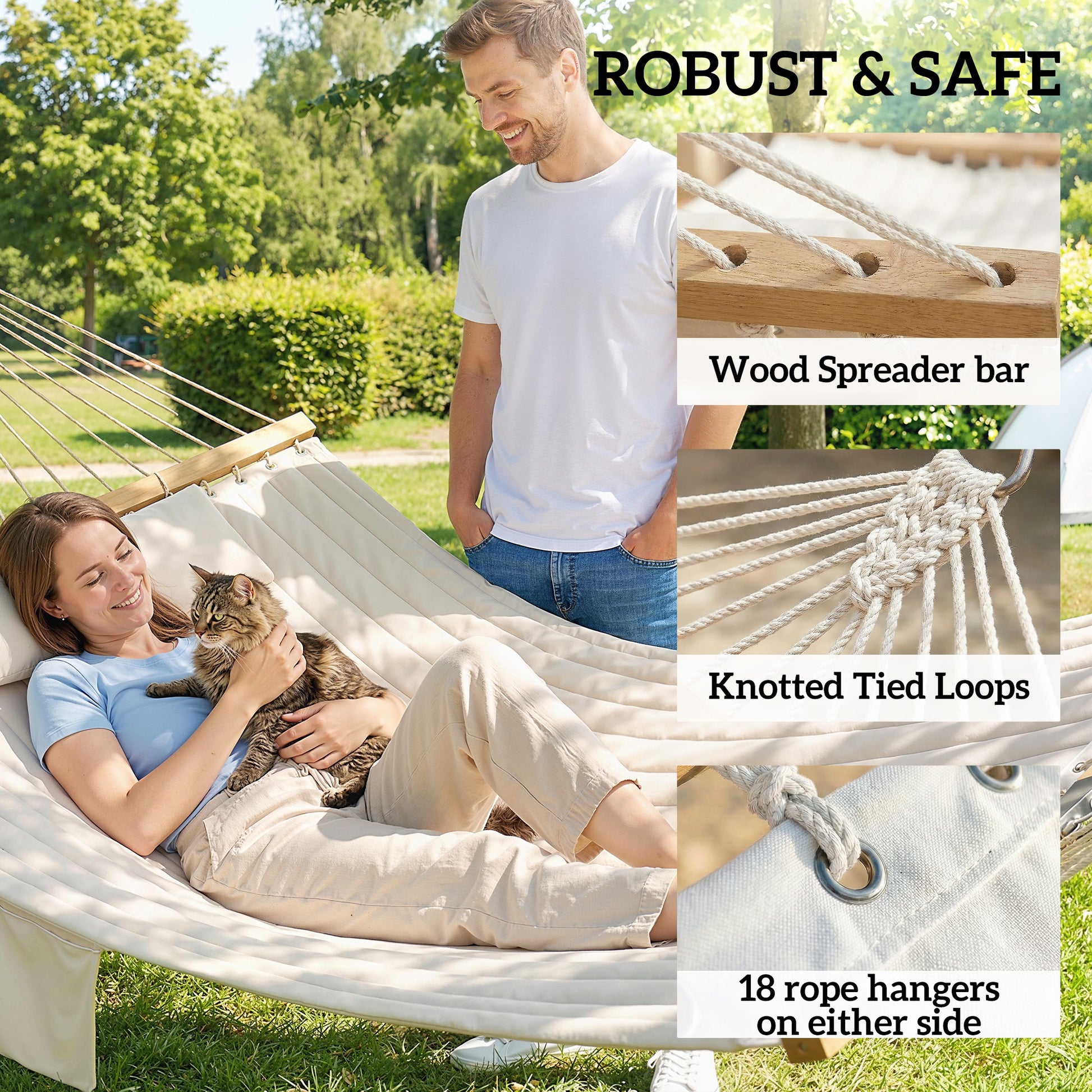 Cream hammock with knotted tie loops, rope hangers, and wooden spreader bar