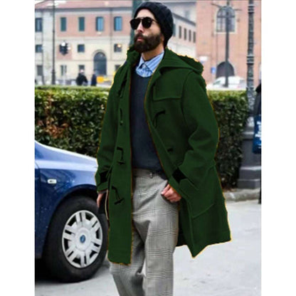 Men’s hooded wool trench coat in deep green with horn-style buttons and chest flap pockets.