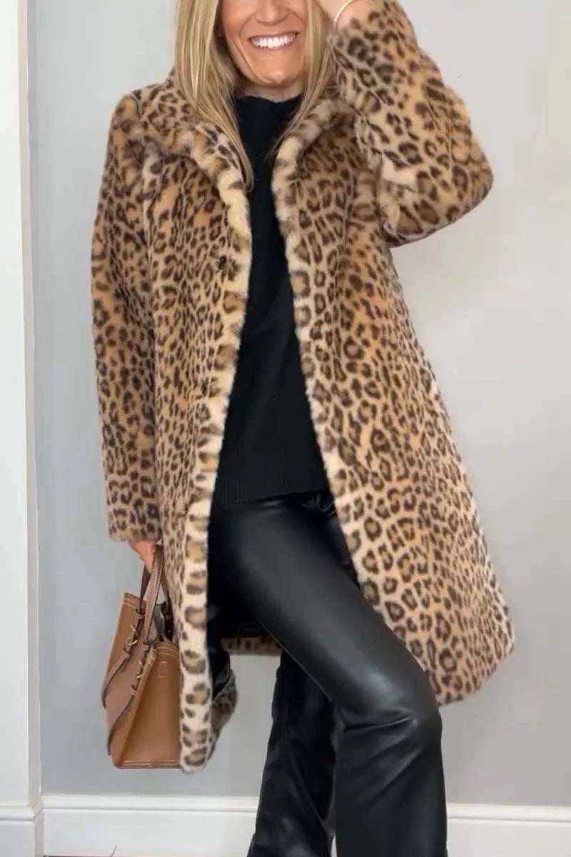 Cozy Leopard Print Mid-Length Coat Fall Winter Leopard Print Plush Mid-leng | Ectron Online