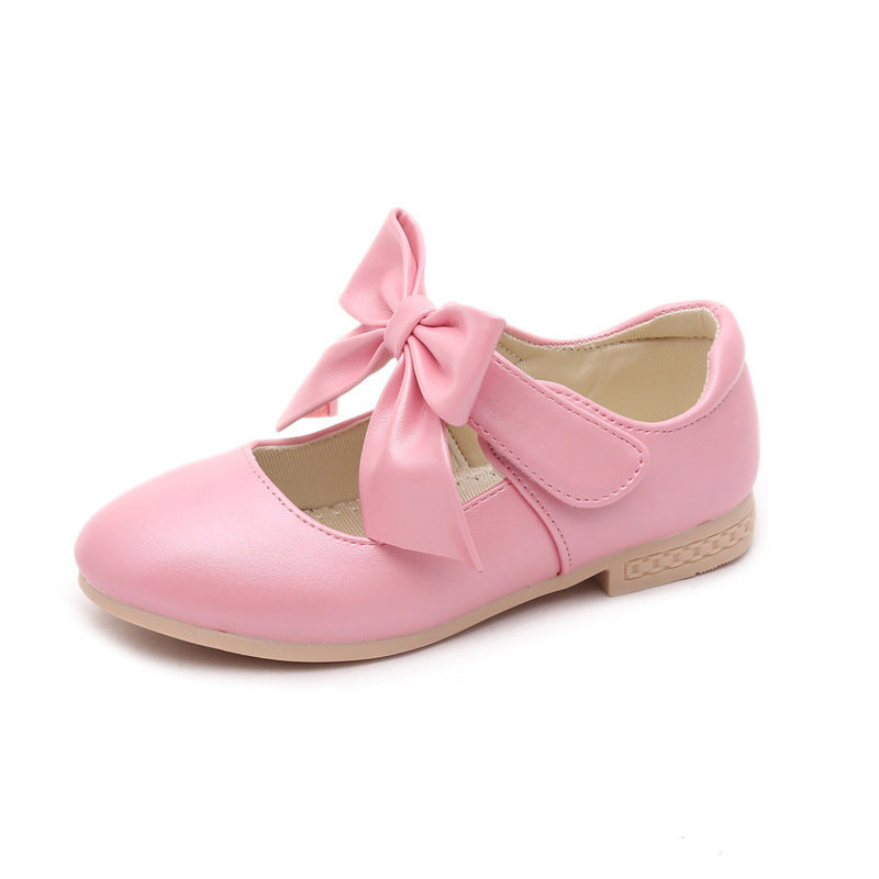 Girls' leather flat shoes with bowknot, pink