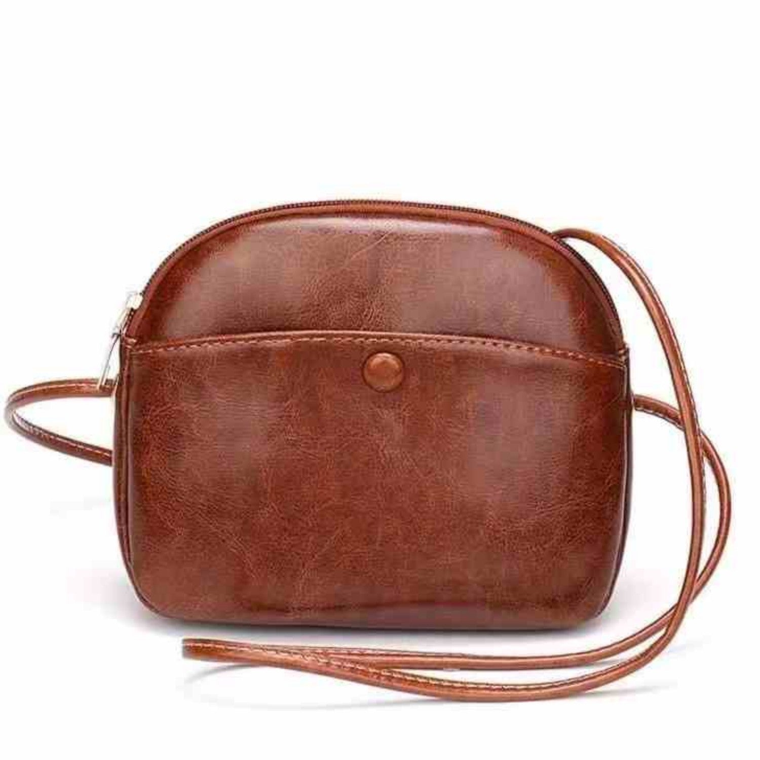 Brown oval shoulder bag with gold-tone hardware, zip closure, and crossbody strap.