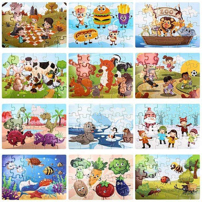Zoo animal kids jigsaw puzzle set with multiple square boards showing completed scenes