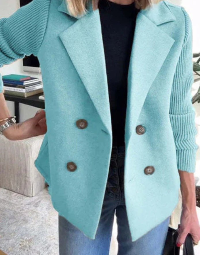 Women's Double Breasted Splicing Coat with Knitted Sleeves Double Breasted Lapel Jacket Fashion Kni | Ectron Online
