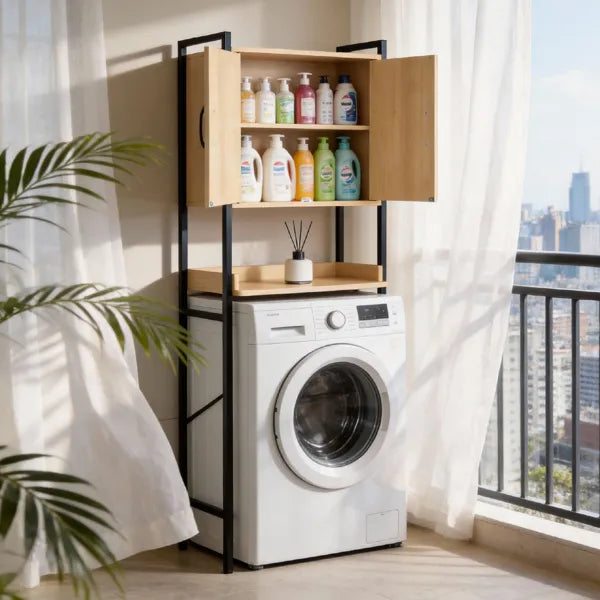 Wood Grain Toilet Cabinet with Double Doors | 67" Space Saver