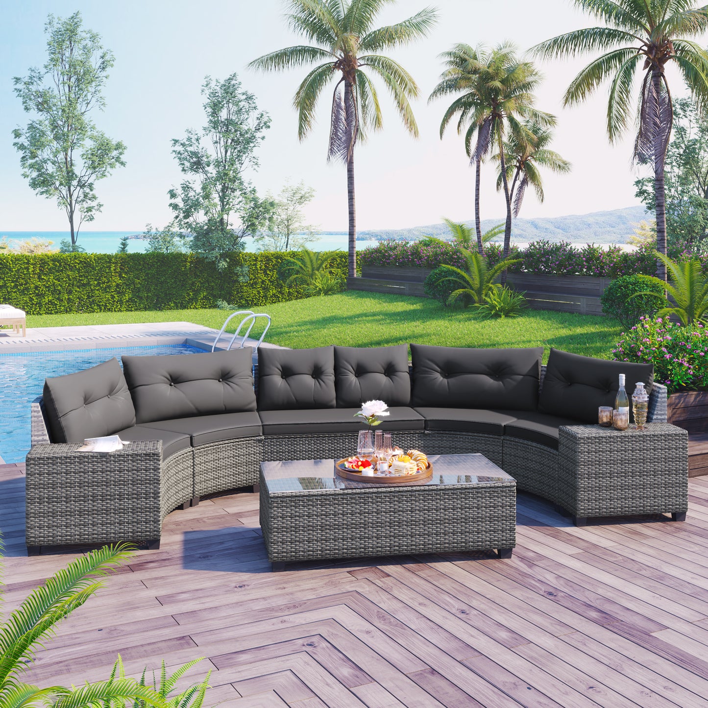 8-Piece Outdoor Wicker Round Sofa Set - Half-Moon Sectional Gray