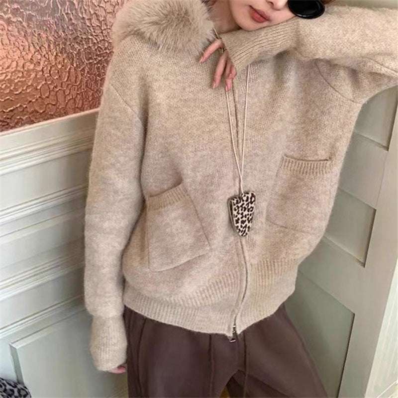Maillard Coffee Color Hooded Sweater Coat - Casual Style Maillard Coffee Color Fur Collar Hooded | Ectron Online