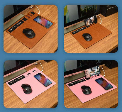 Brown and pink desk mats with phone, mouse, and power bank on a wooden desk.