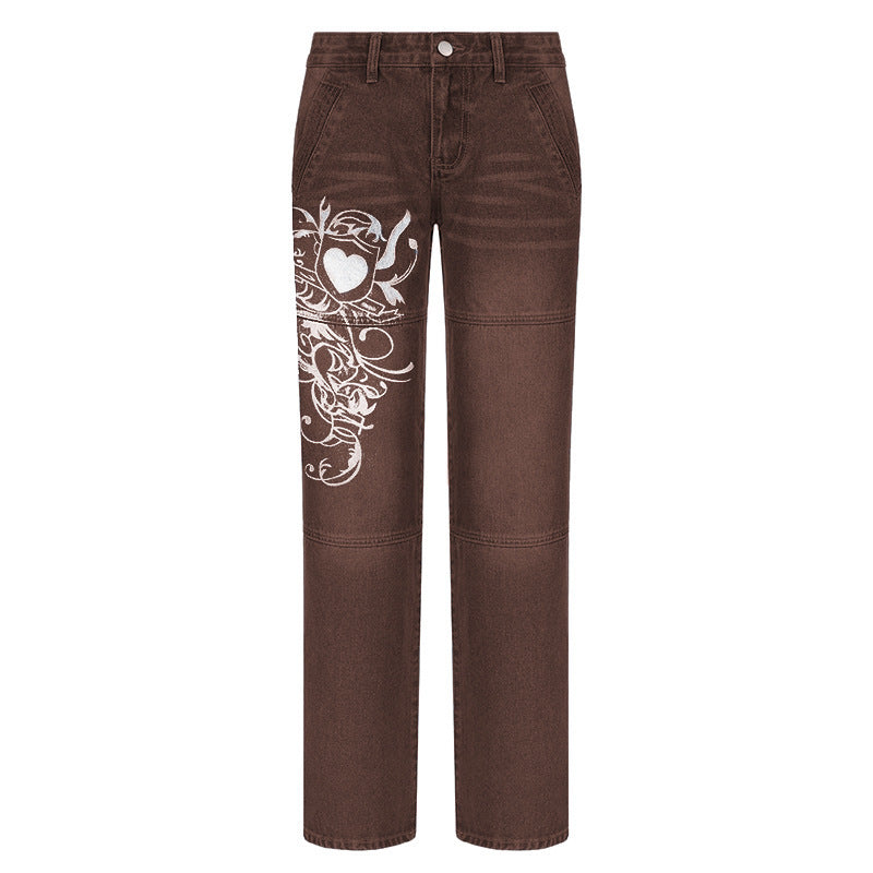Low-Rise Washed Jeans: Heart Print & Relaxed Fit Woman Jeans | Ectron Online