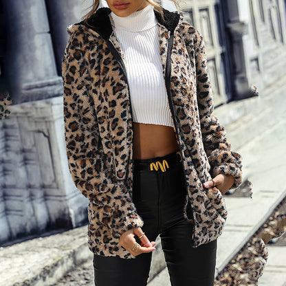 Women's Fuzzy Leopard Jacket | Hooded Plush Zip-Up Winter Coat Women's Fuzzy Leopard Jacket, Hooded Plu | Ectron Online