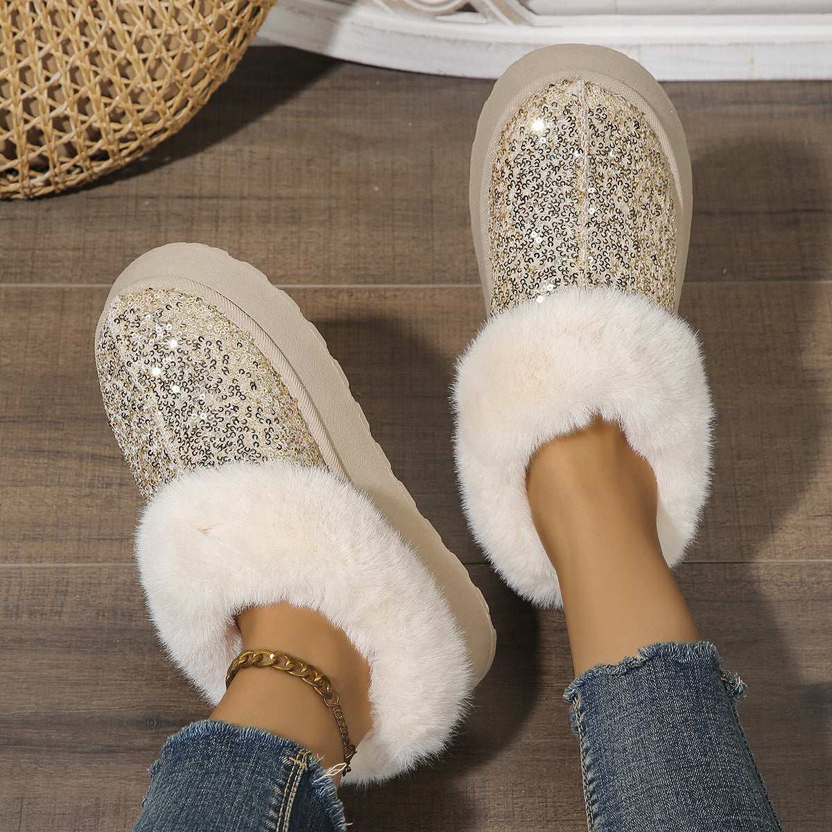 Fashion Sequined Plush Shoes – Thick Sole Warm Winter Slippers Fashion Sequined Thick-soled Plush Shoes | Ectron Online